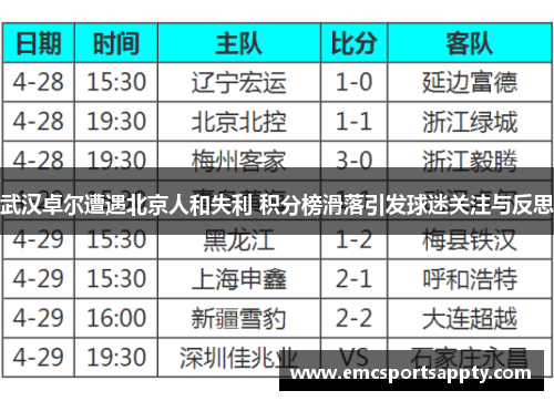 武汉卓尔遭遇北京人和失利 积分榜滑落引发球迷关注与反思