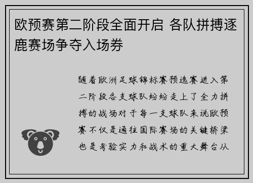 欧预赛第二阶段全面开启 各队拼搏逐鹿赛场争夺入场券