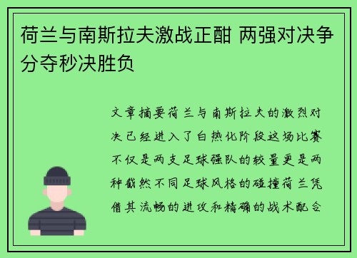 荷兰与南斯拉夫激战正酣 两强对决争分夺秒决胜负