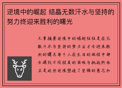 逆境中的崛起 结晶无数汗水与坚持的努力终迎来胜利的曙光