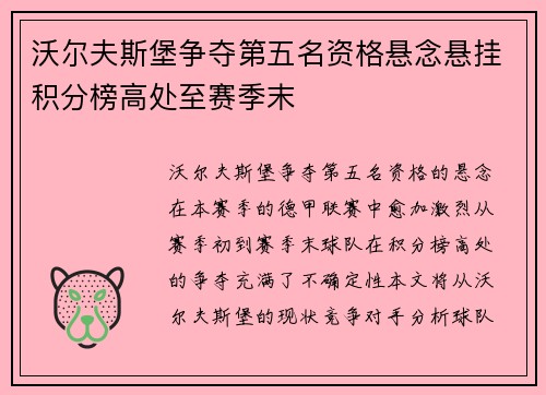 沃尔夫斯堡争夺第五名资格悬念悬挂积分榜高处至赛季末