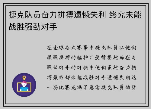 捷克队员奋力拼搏遗憾失利 终究未能战胜强劲对手