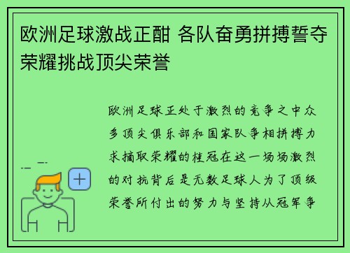 欧洲足球激战正酣 各队奋勇拼搏誓夺荣耀挑战顶尖荣誉